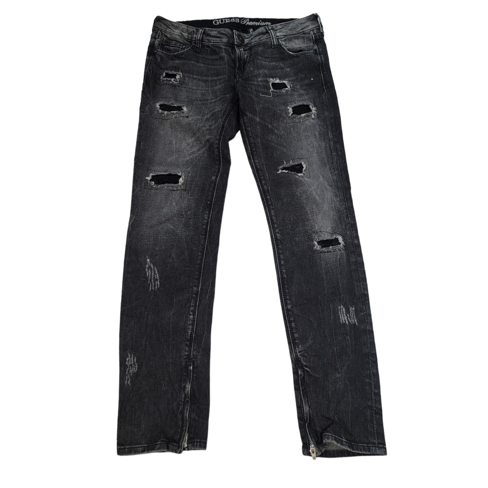Guess Premium Jeans‎ Beverly Slim Fit Women's Black Distressed Zipper cuff Sz 28